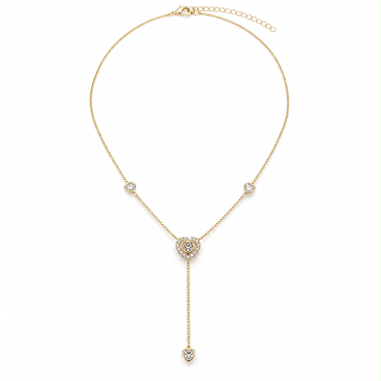 Shop the Heart Lariat Necklace featuring CZ pave heart details, a delicate chain, and an elegant Y-drop silhouette with a cascading heart accent.