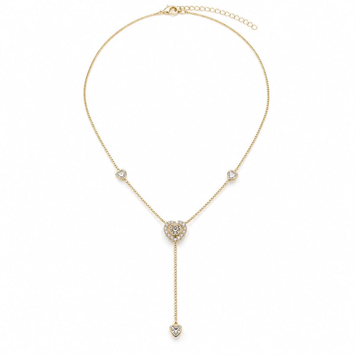 Shop the Heart Lariat Necklace featuring CZ pave heart details, a delicate chain, and an elegant Y-drop silhouette with a cascading heart accent.