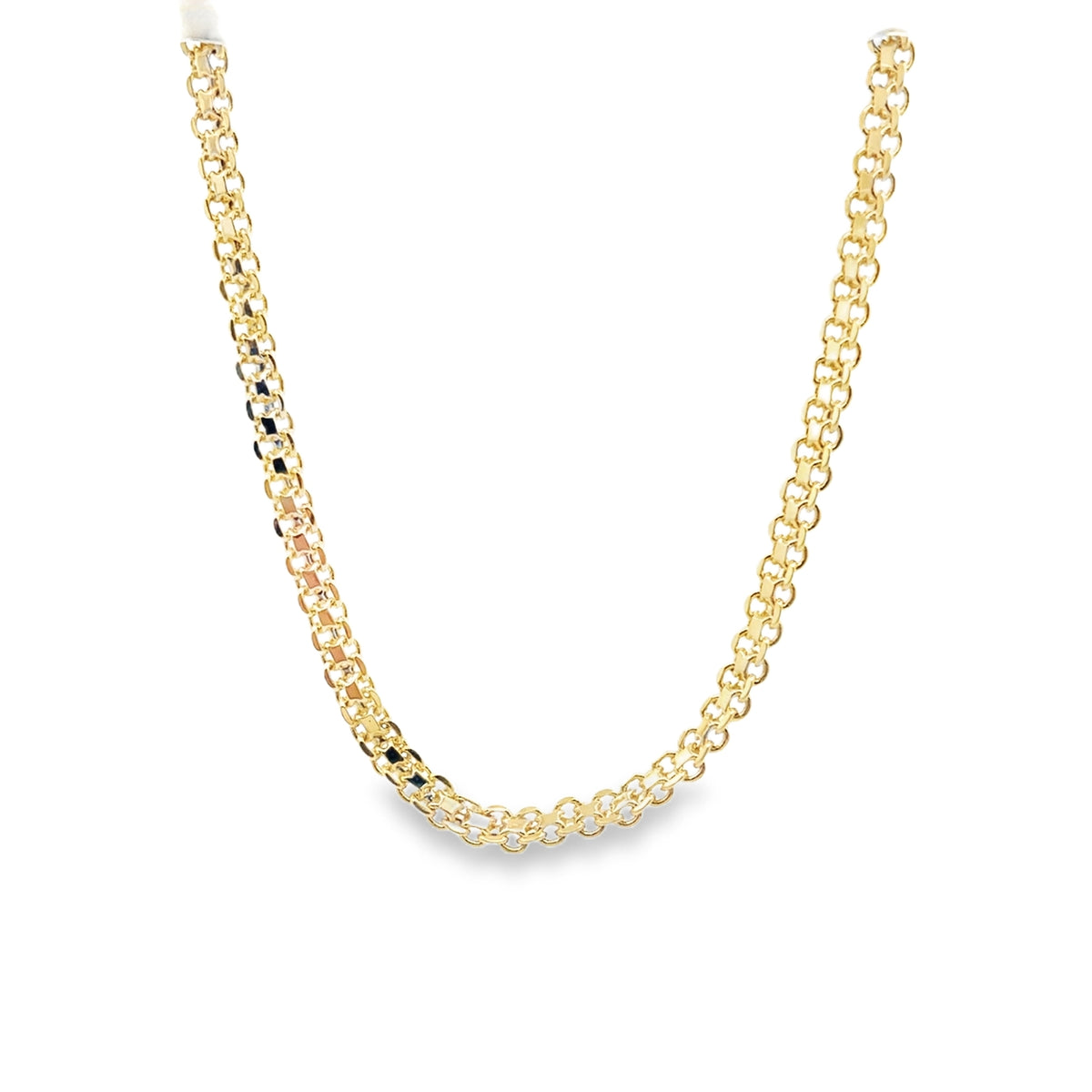 A shiny yellow gold chain necklace displays an intricate link design against a plain white background.