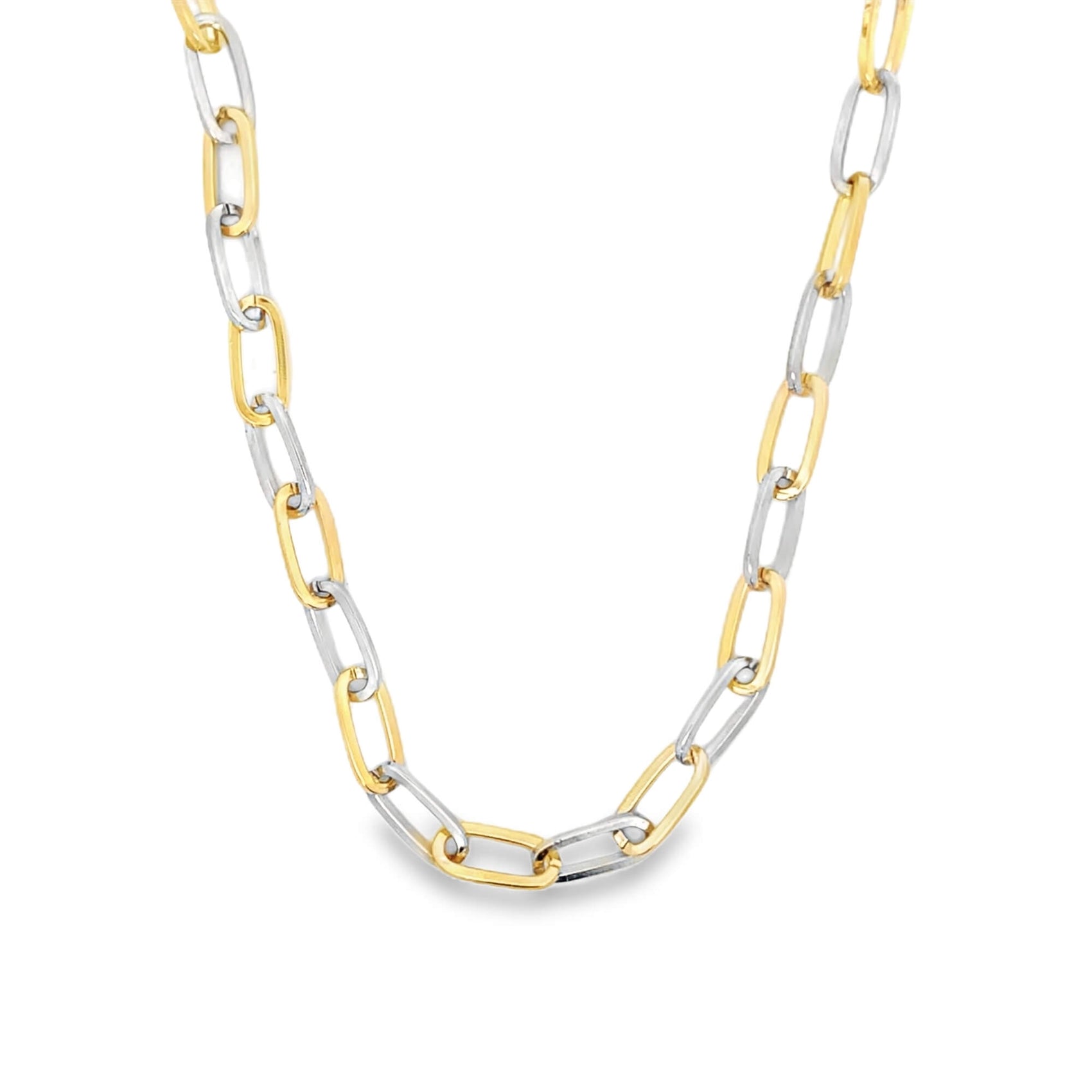 A two-tone paperclip chain necklace displays interlocking links of yellow and white gold against a white background.