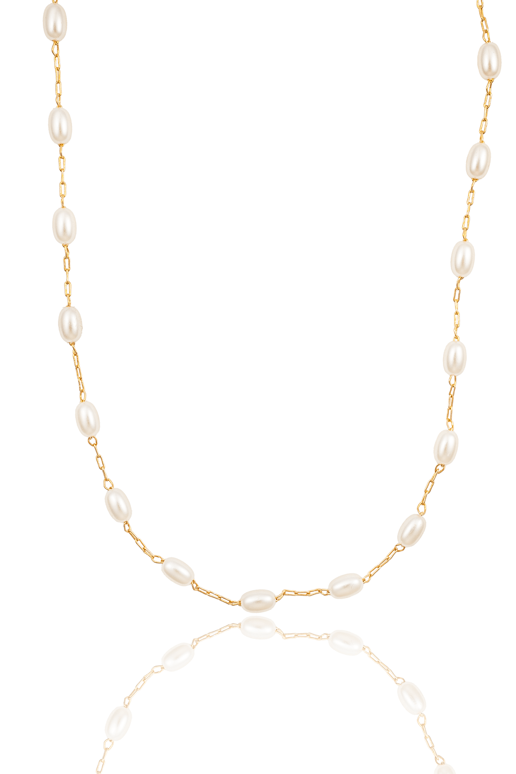 A delicate gold chain necklace features evenly spaced, luminous freshwater pearls against a clean white background.