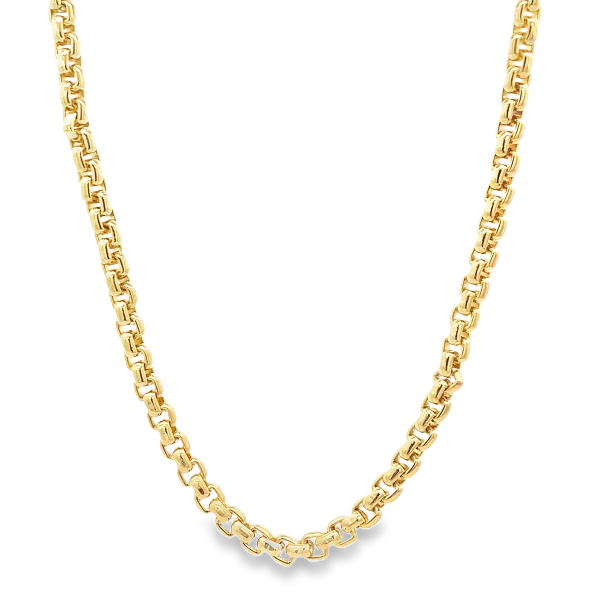A thick gold rolo chain necklace displays polished interconnected round links against a clean white background.