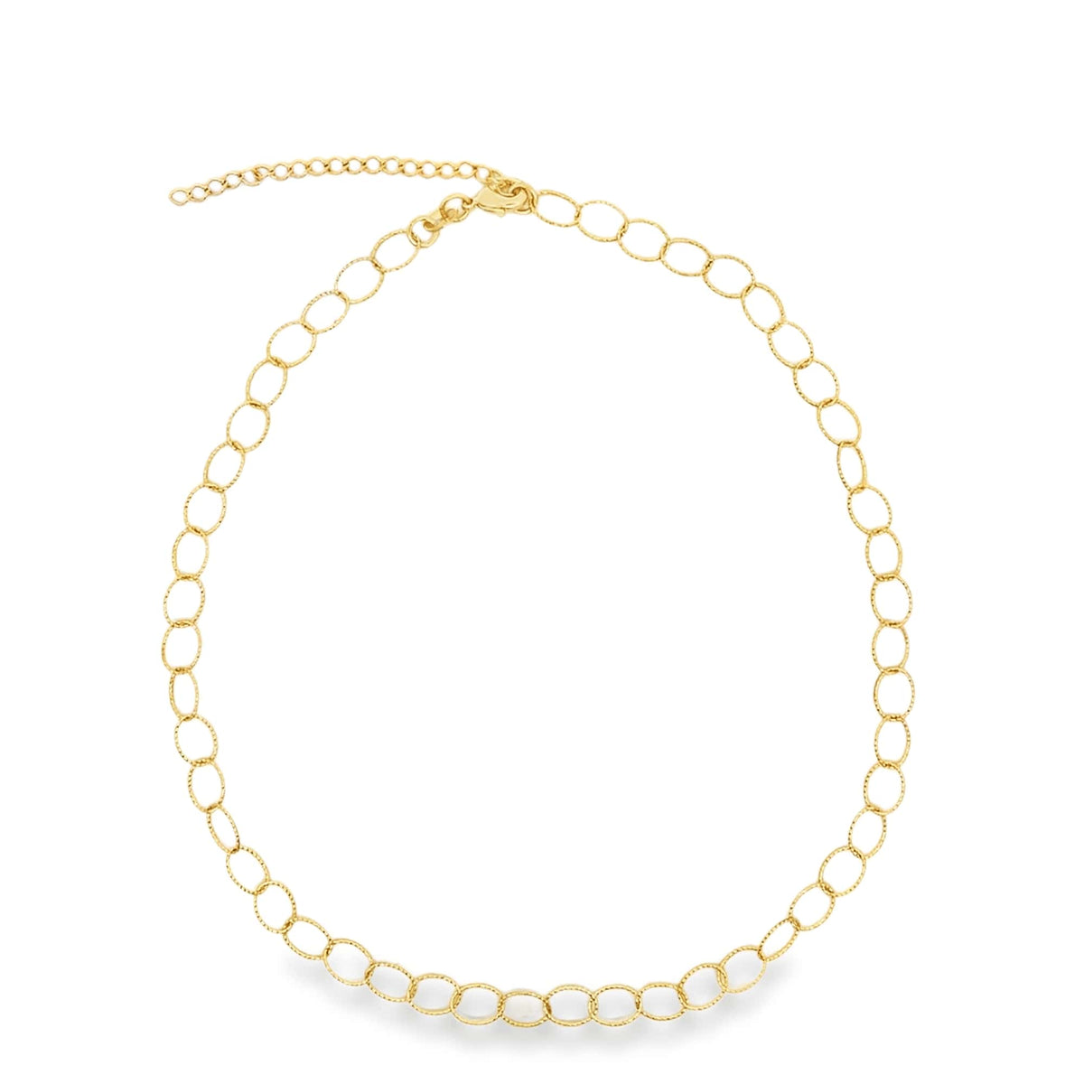 A delicate gold link chain necklace displays textured interlocking circles against a clean white background.