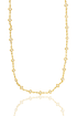 A delicate gold chain necklace features alternating square stations set with small white pearls against a clean white background.