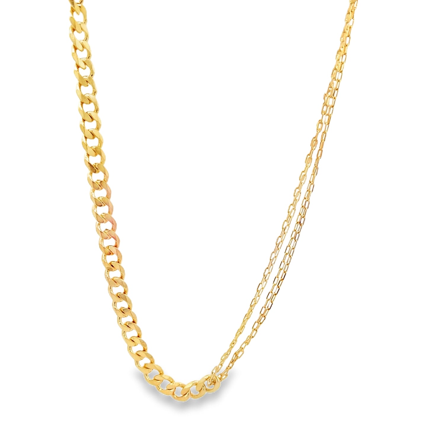 A shiny gold multi-strand necklace features a thick curb chain intertwined with two delicate link chains against a clean white background.