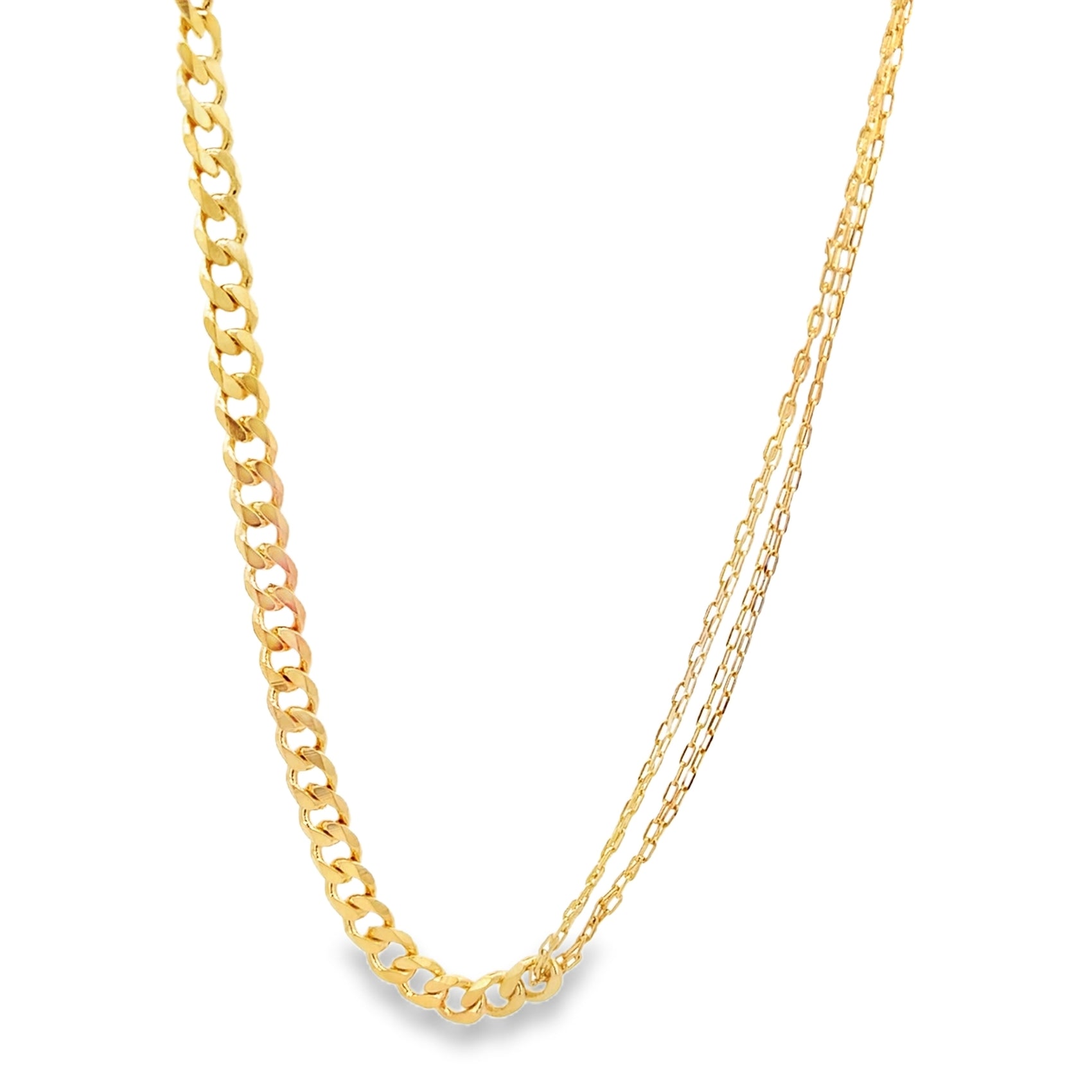A shiny gold multi-strand necklace features a thick curb chain intertwined with two delicate link chains against a clean white background.