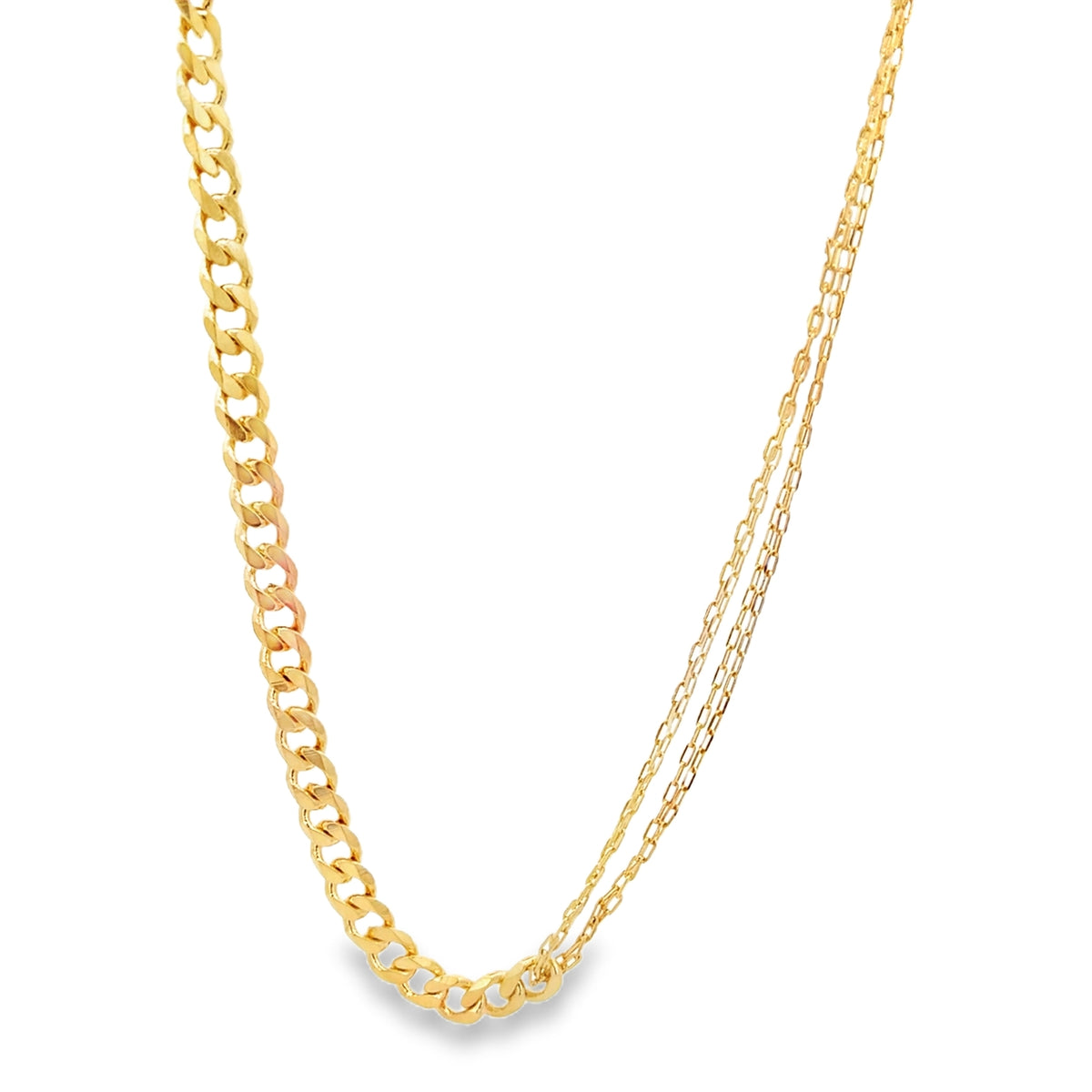 A shiny gold multi-strand necklace features a thick curb chain intertwined with two delicate link chains against a clean white background.