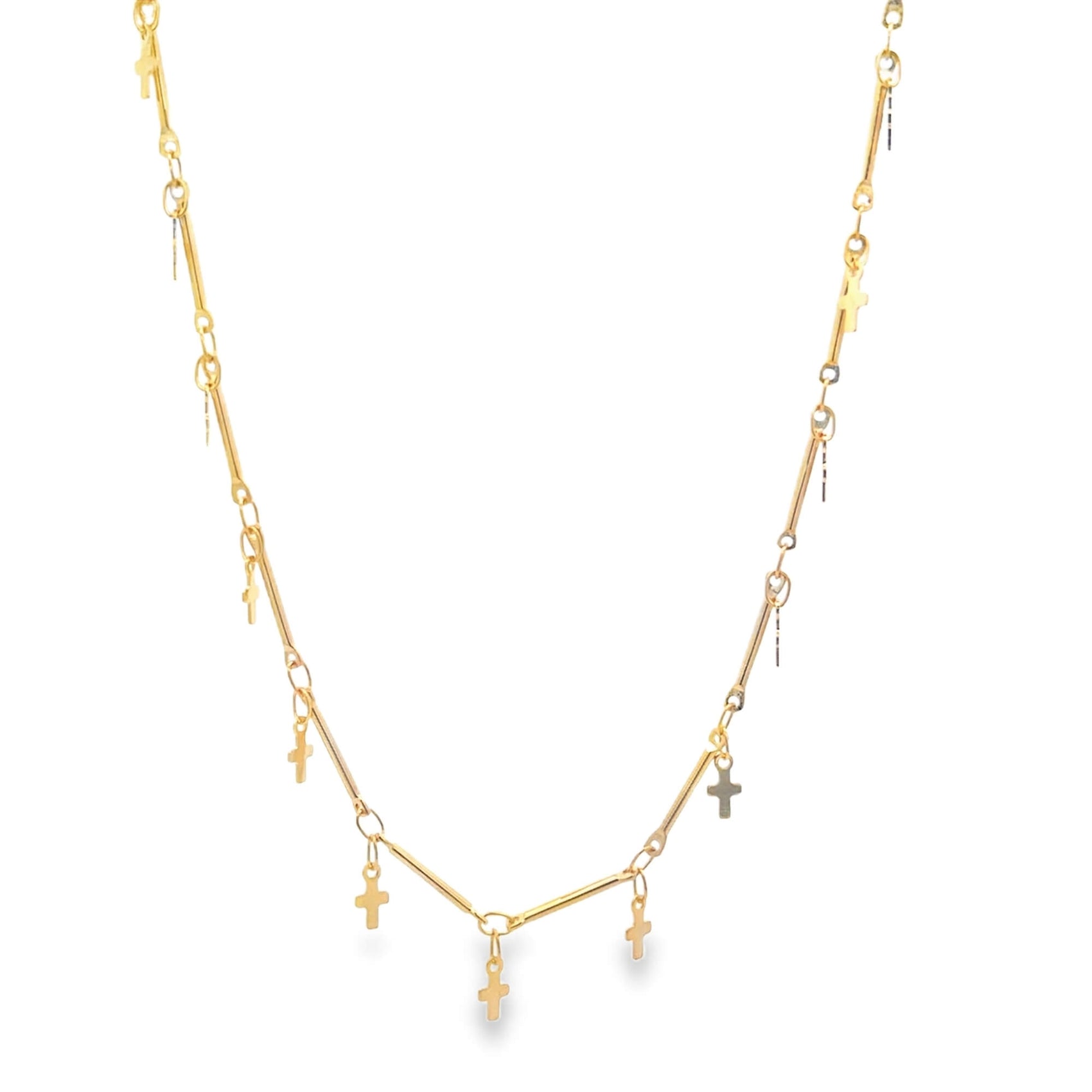 A delicate gold chain necklace dangles multiple small cross charms against a plain white background.