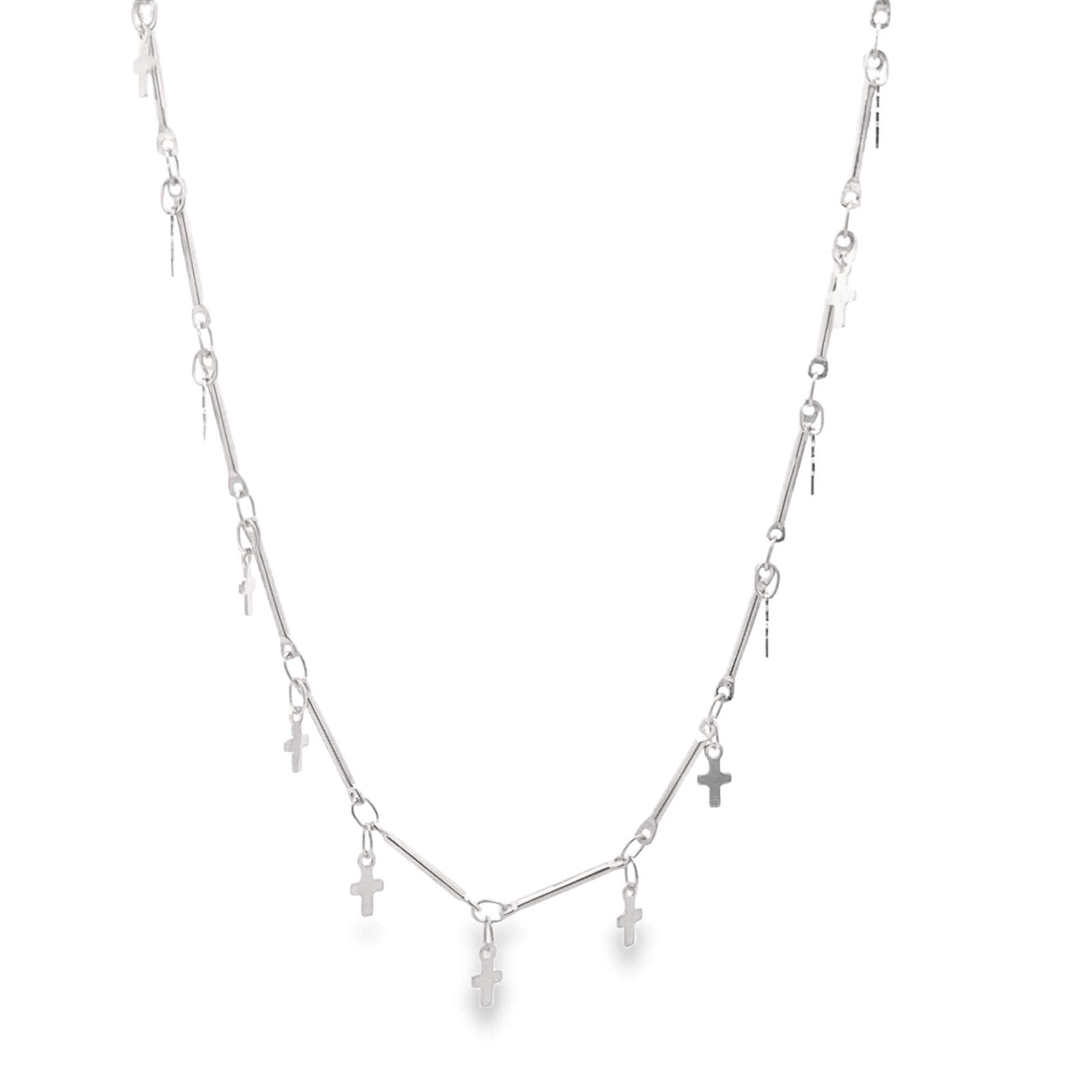 A delicate silver chain necklace features evenly spaced metallic bar links and dangling cross charms against a clean white background.