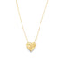 A gold heart pendant hangs delicately from a thin matching chain against a white background.