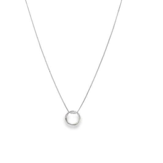 Silver necklace with a small round pendant on a white background