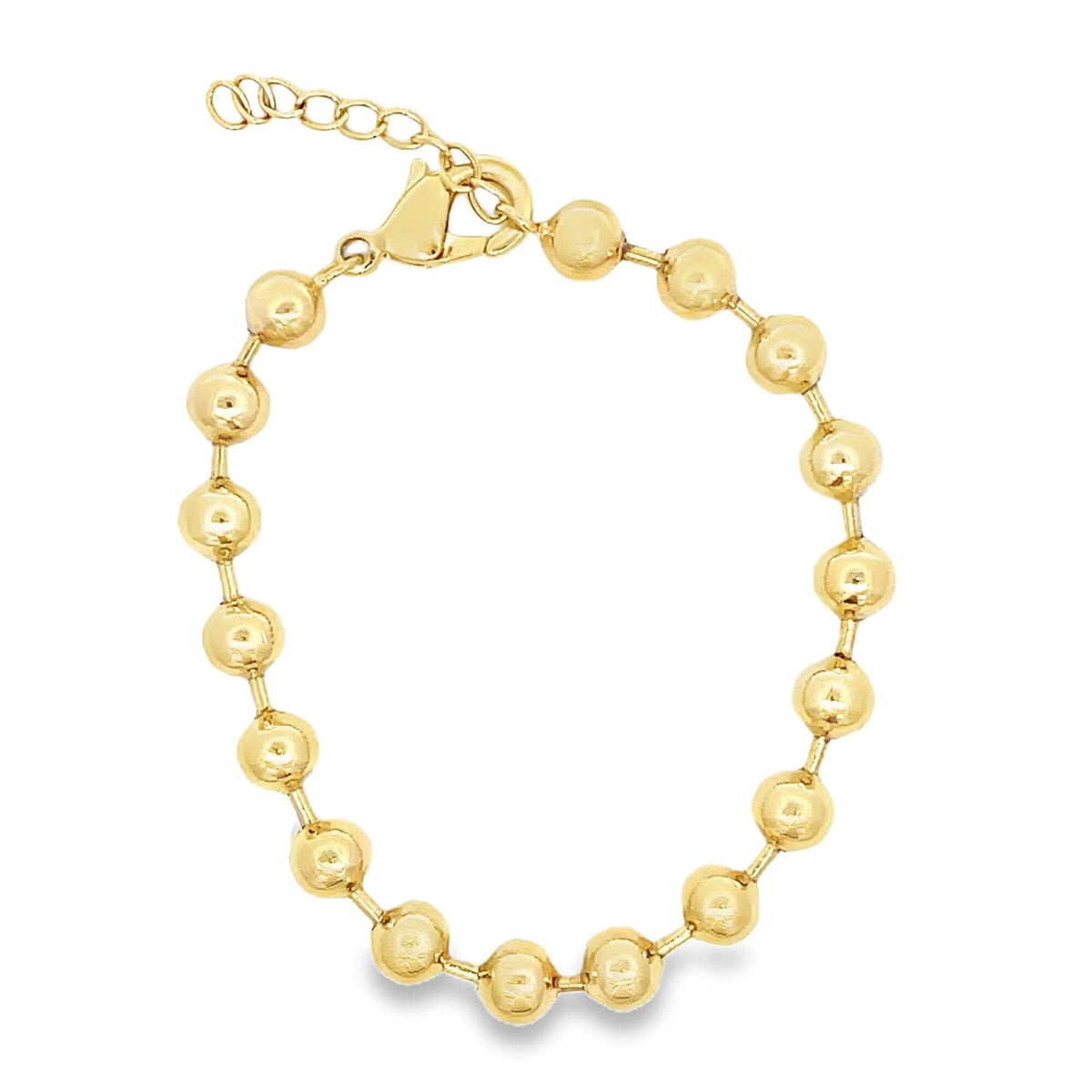 A gleaming gold bead bracelet features a polished ball chain design with a secure lobster clasp.