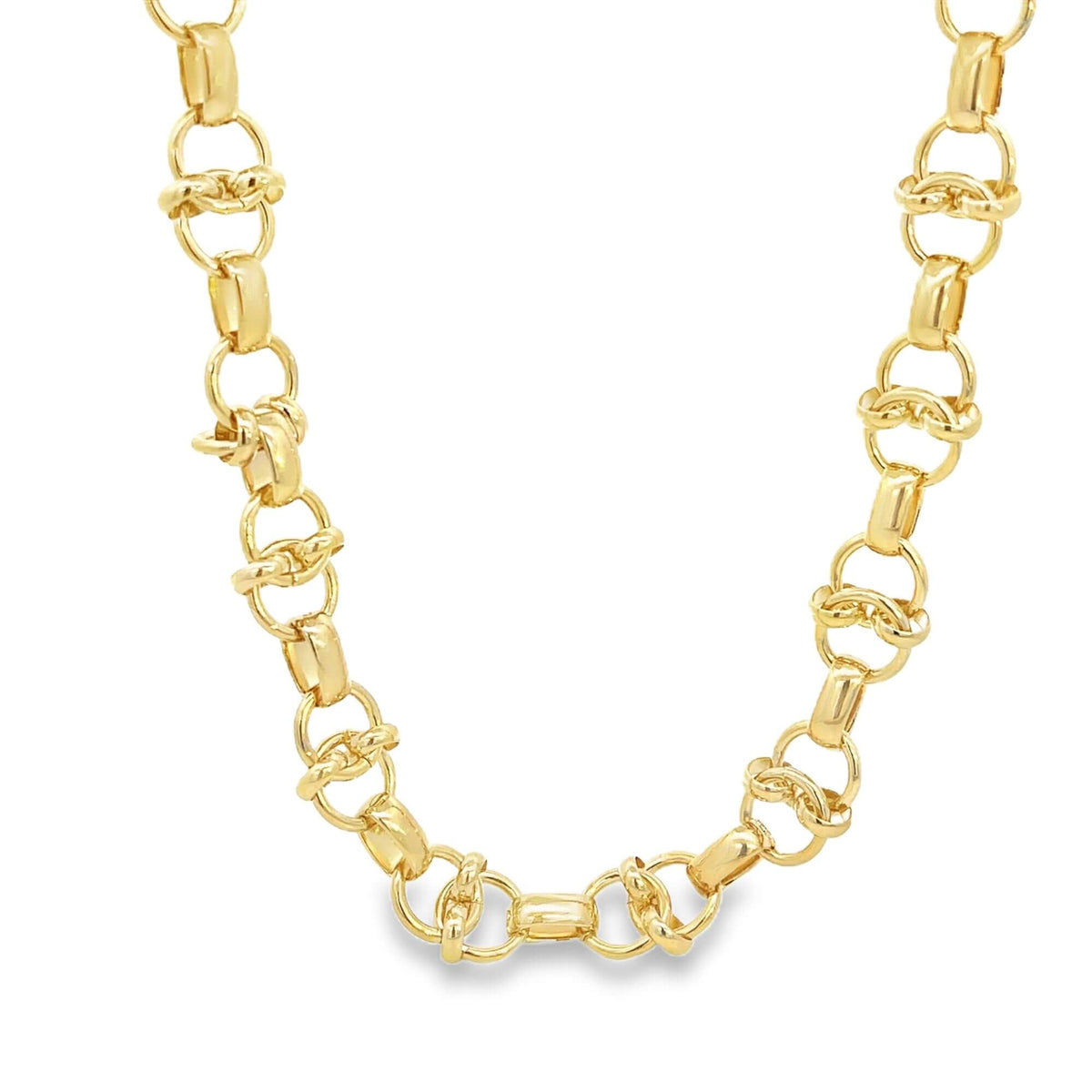A shiny gold link chain necklace displays intricate interlocking circles and bars against a white background.