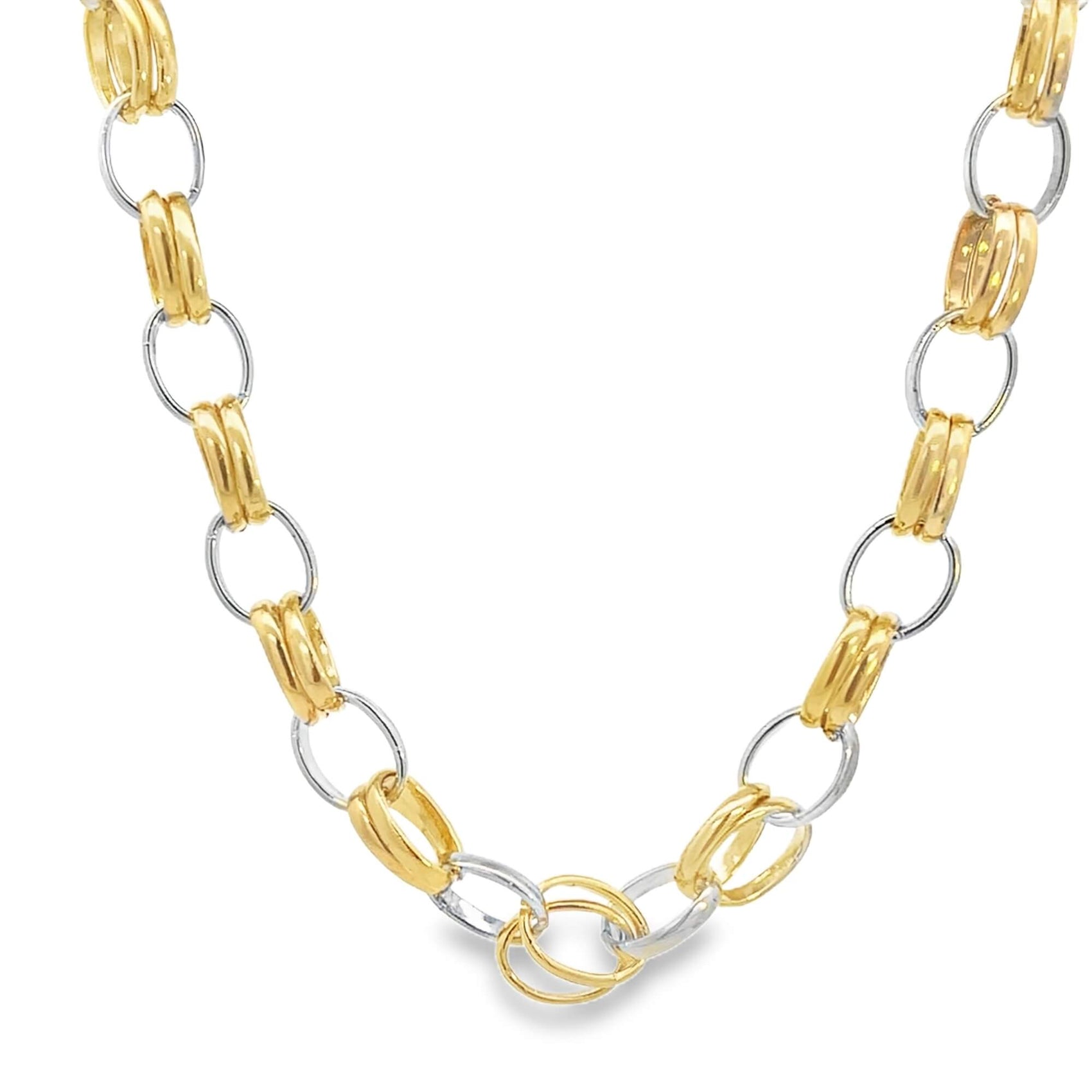 Two-tone gold and silver chain necklace on a white background