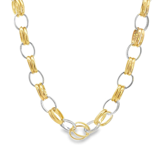 Two-tone gold and silver chain necklace on a white background