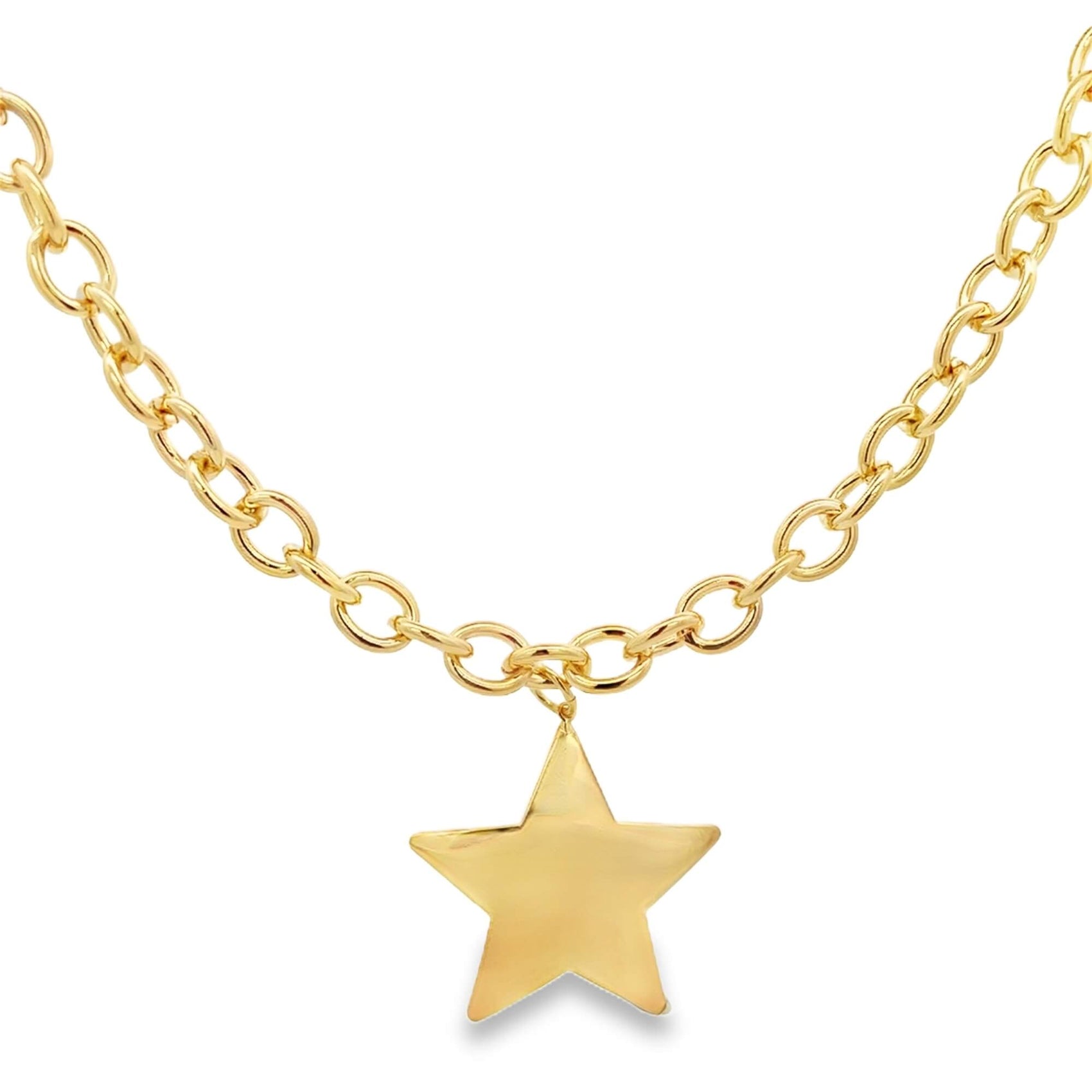 A shiny gold star pendant hangs gracefully from a chunky link chain necklace.