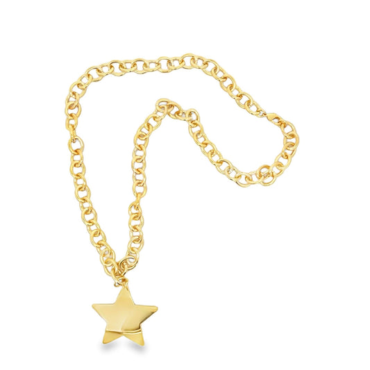 A shiny gold chain necklace features a polished star pendant dangling at the bottom against a plain white background.