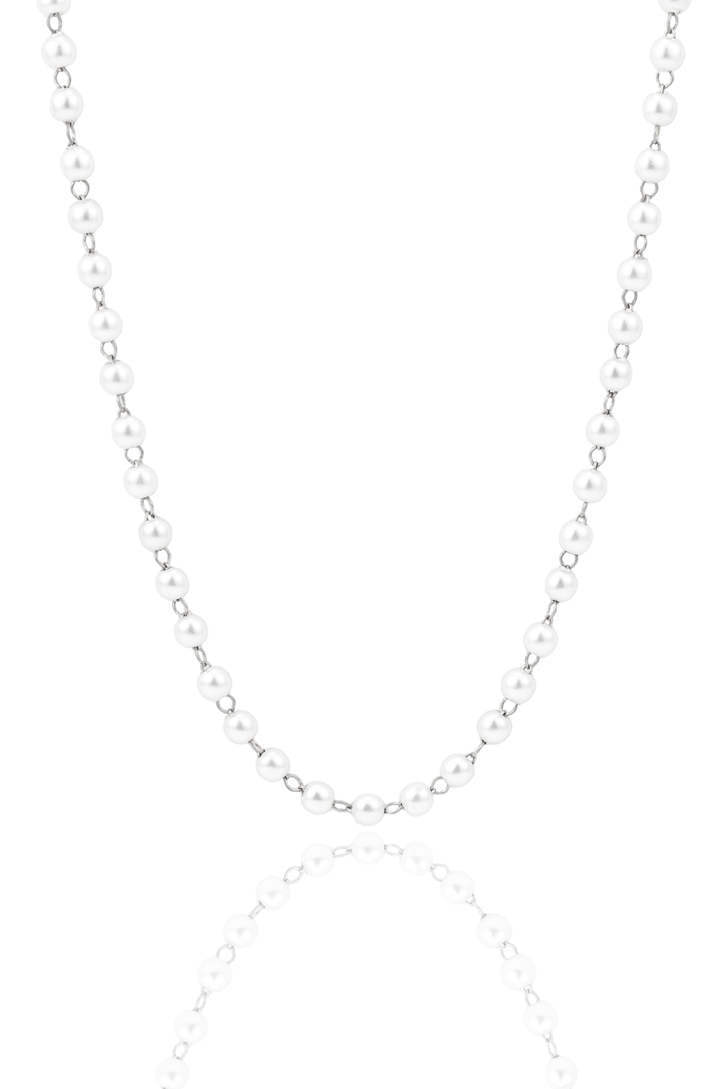 A delicate silver station necklace features a continuous strand of evenly spaced white pearls linked by fine metal chains against a clean white background.
