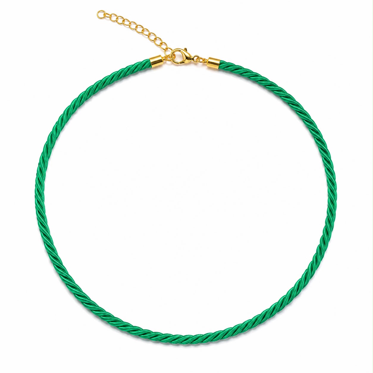 Modern twisted color cord choker necklace featuring 18K Gold Filled hardware and adjustable chain. Lightweight, stylish, and available in multiple colors.