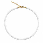 Modern twisted color cord choker necklace featuring 18K Gold Filled hardware and adjustable chain. Lightweight, stylish, and available in multiple colors.