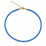 Modern twisted color cord choker necklace featuring 18K Gold Filled hardware and adjustable chain. Lightweight, stylish, and available in multiple colors.