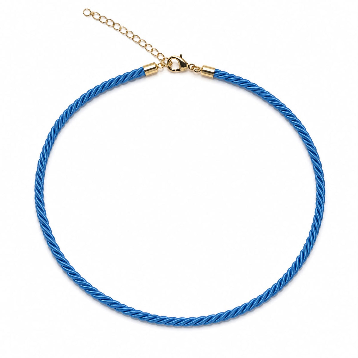 A vibrant blue twisted silk cord choker necklace features a gold clasp and extender chain against a clean white background.