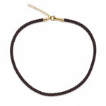 Modern twisted color cord choker necklace featuring 18K Gold Filled hardware and adjustable chain. Lightweight, stylish, and available in multiple colors.