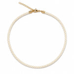 Modern twisted color cord choker necklace featuring 18K Gold Filled hardware and adjustable chain. Lightweight, stylish, and available in multiple colors.