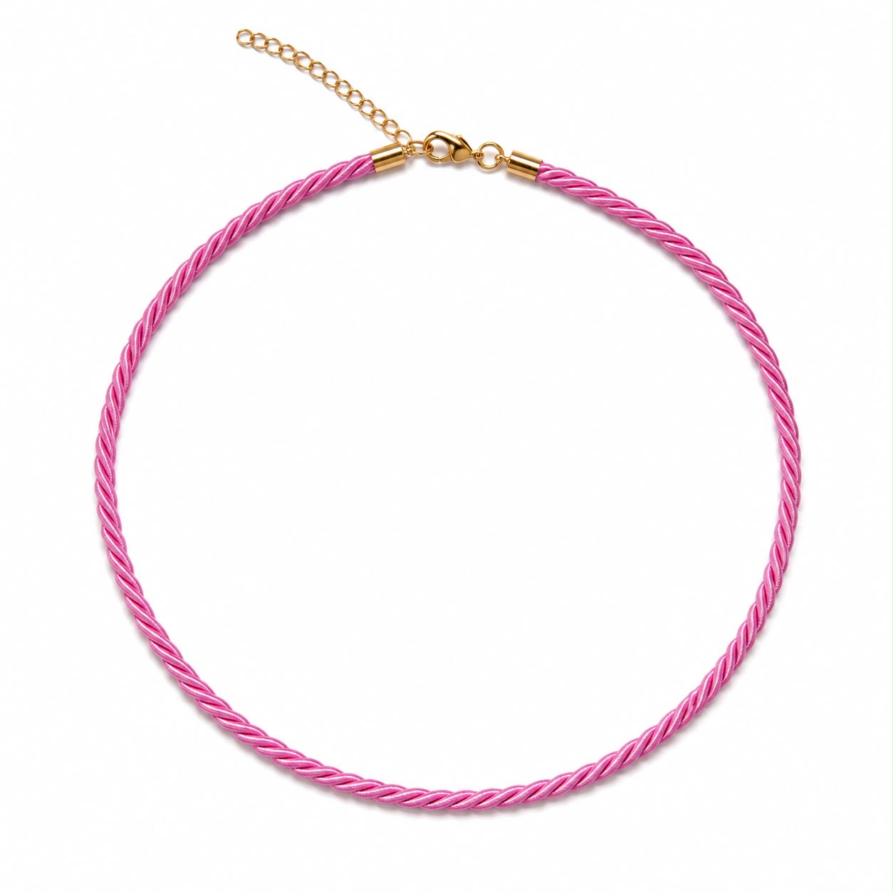 Modern twisted color cord choker necklace featuring 18K Gold Filled hardware and adjustable chain. Lightweight, stylish, and available in multiple colors.