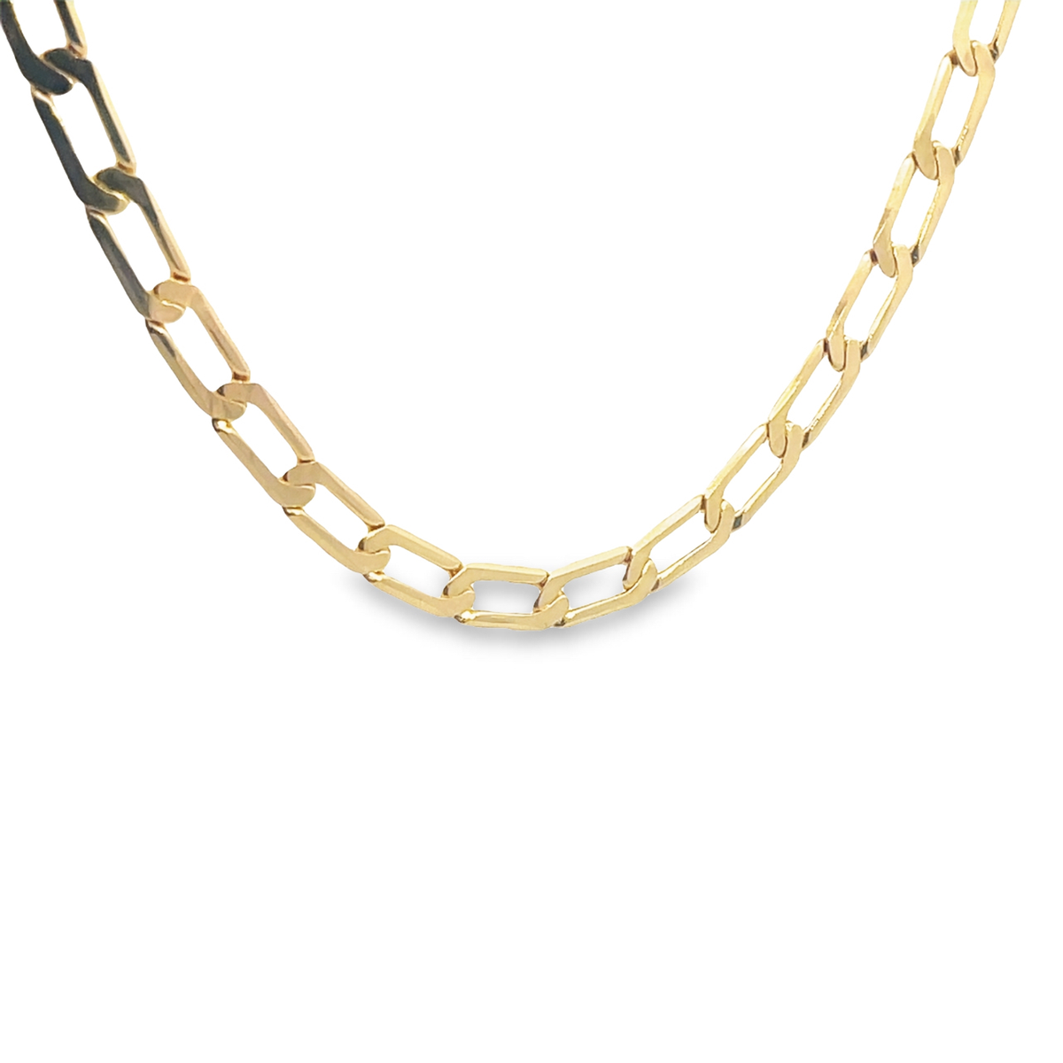 A polished yellow gold paperclip chain necklace gleams against a clean white background.