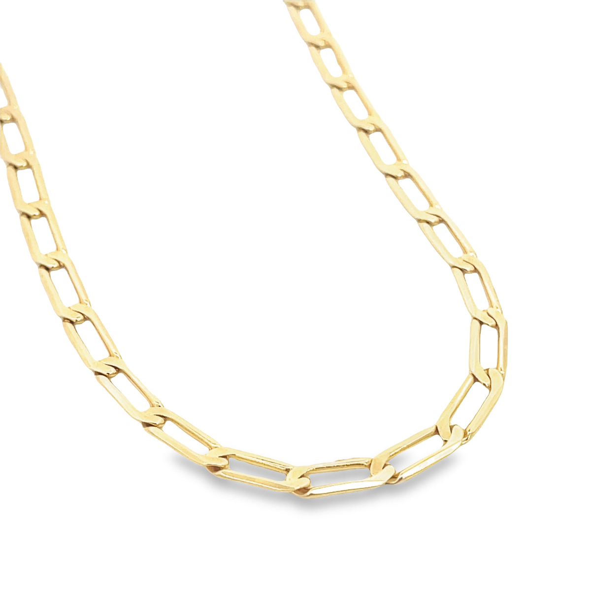 A shiny gold paperclip chain necklace displays its distinctive elongated rectangular links against a clean white background.