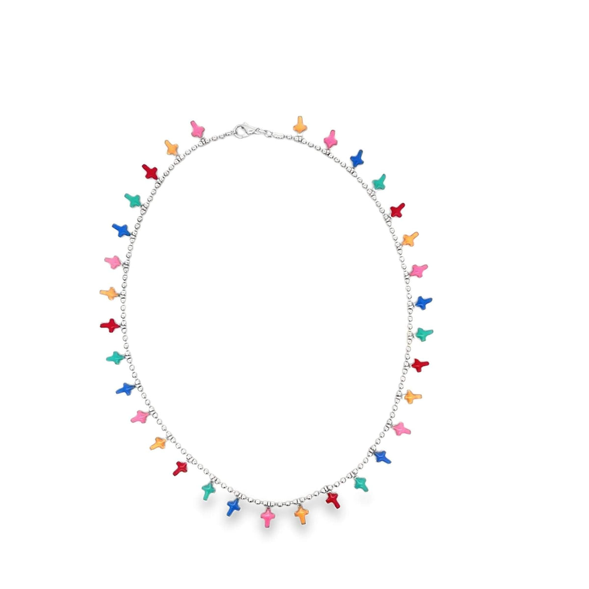 A silver beaded charm necklace displays colorful mini cross pendants suspended in an even circle against a plain white background.