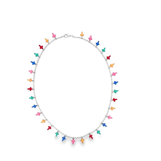 A silver beaded charm necklace displays colorful mini cross pendants suspended in an even circle against a plain white background.