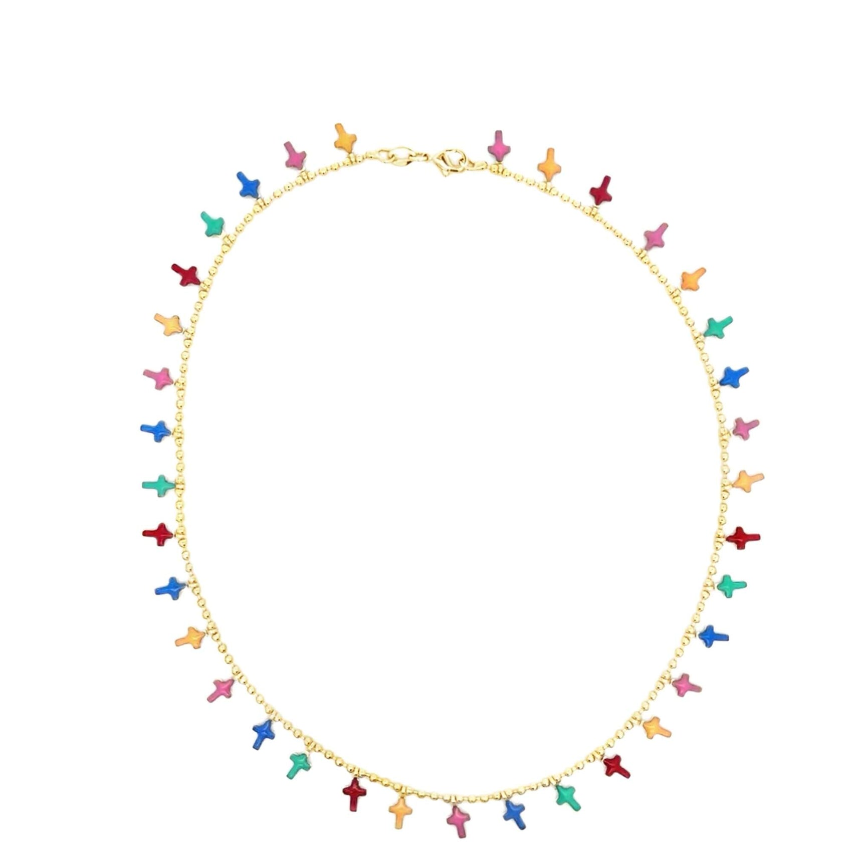A delicate gold beaded necklace dangles with colorful cross charms in vibrant shades of pink, blue, orange, and green.