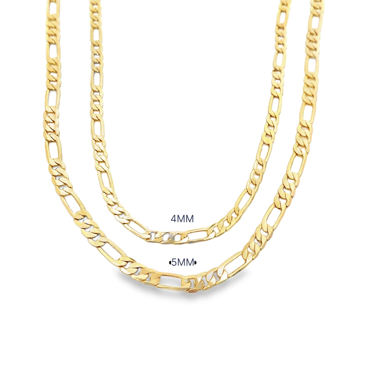 Two gold Figaro chains display a size comparison between 4mm and 5mm widths against a white background.