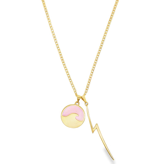 A delicate gold chain necklace dangles a pink and yellow wave pendant alongside a matching gold lightning bolt charm.