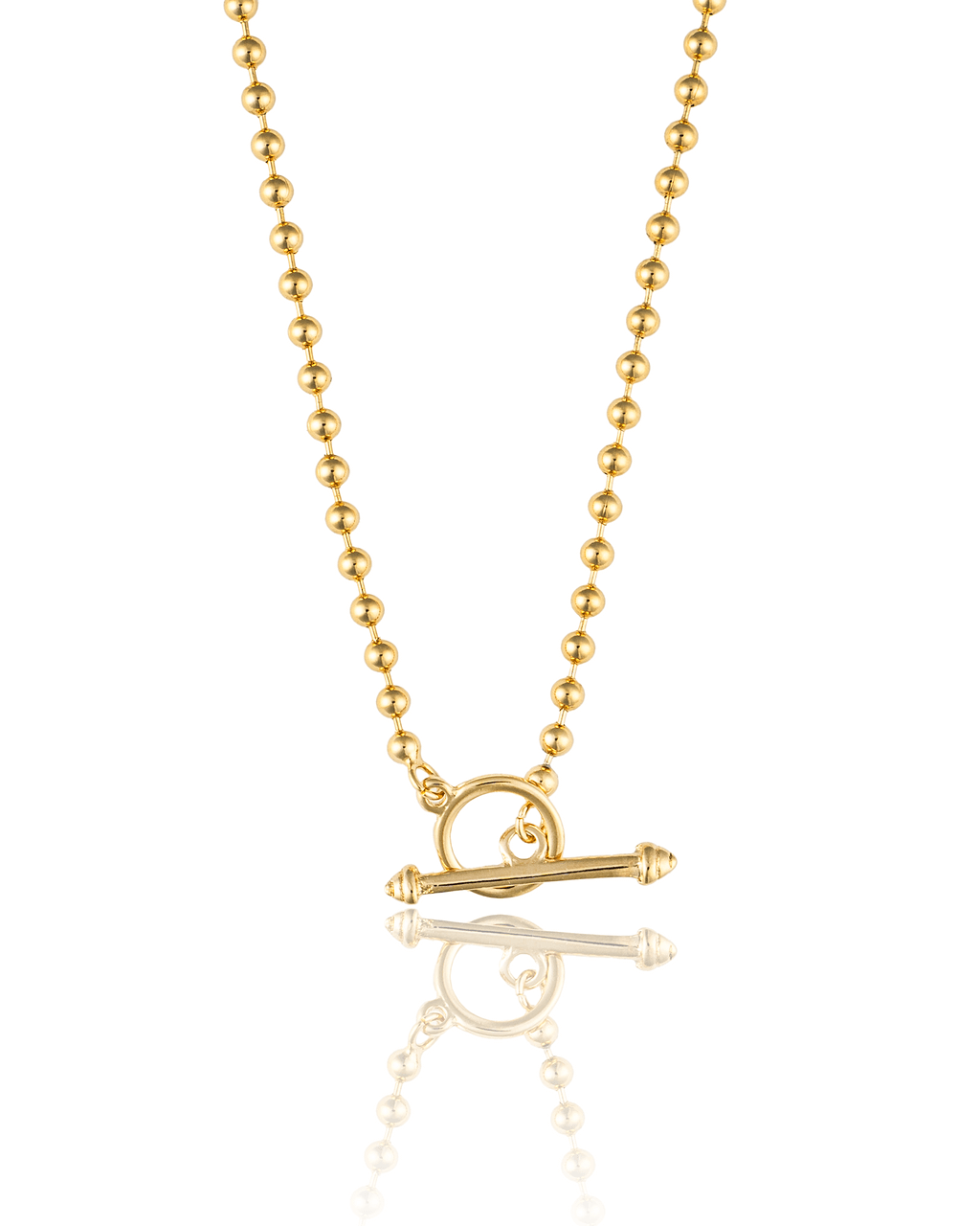 A gold ball chain necklace features a stylish toggle clasp against a clean white background.