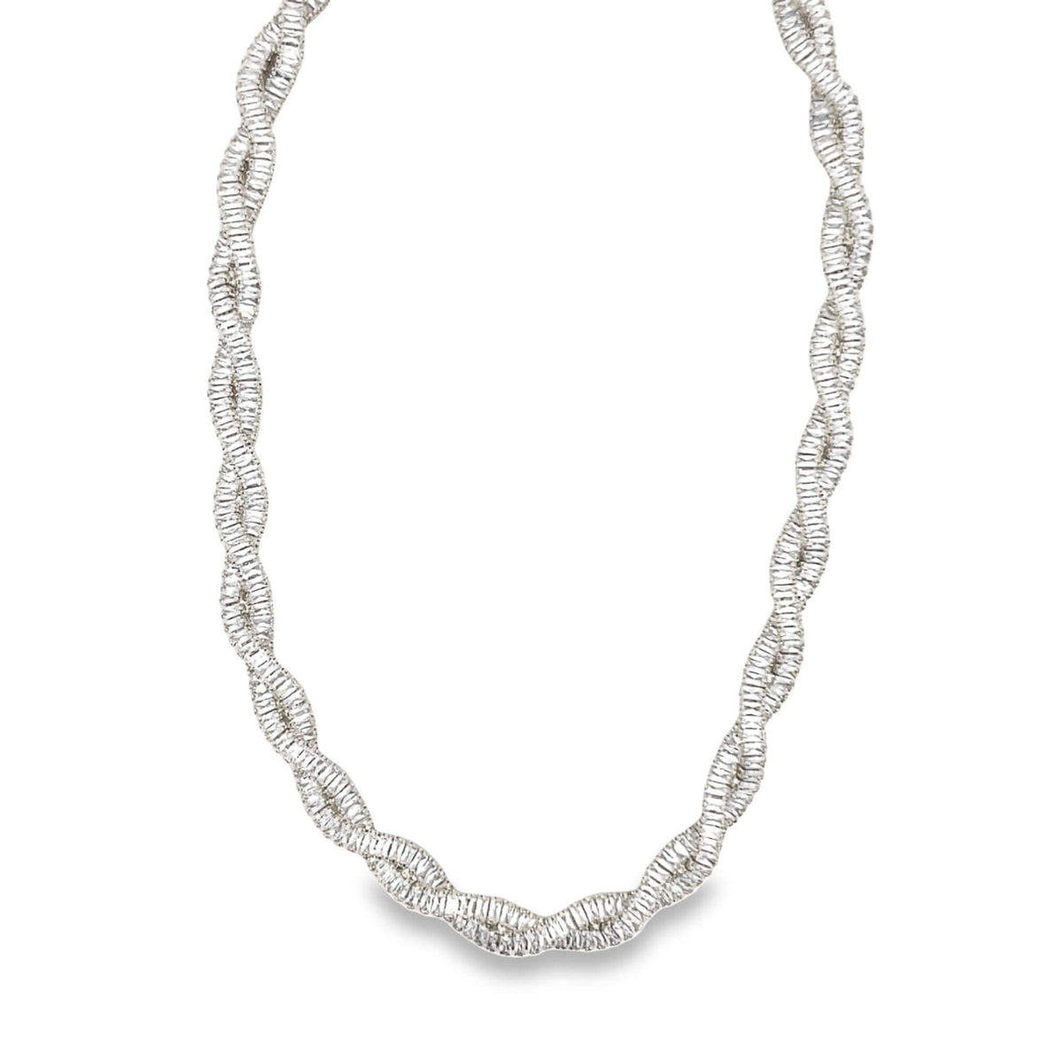 A sparkling diamond tennis necklace features a unique, twisted rope design in white gold.