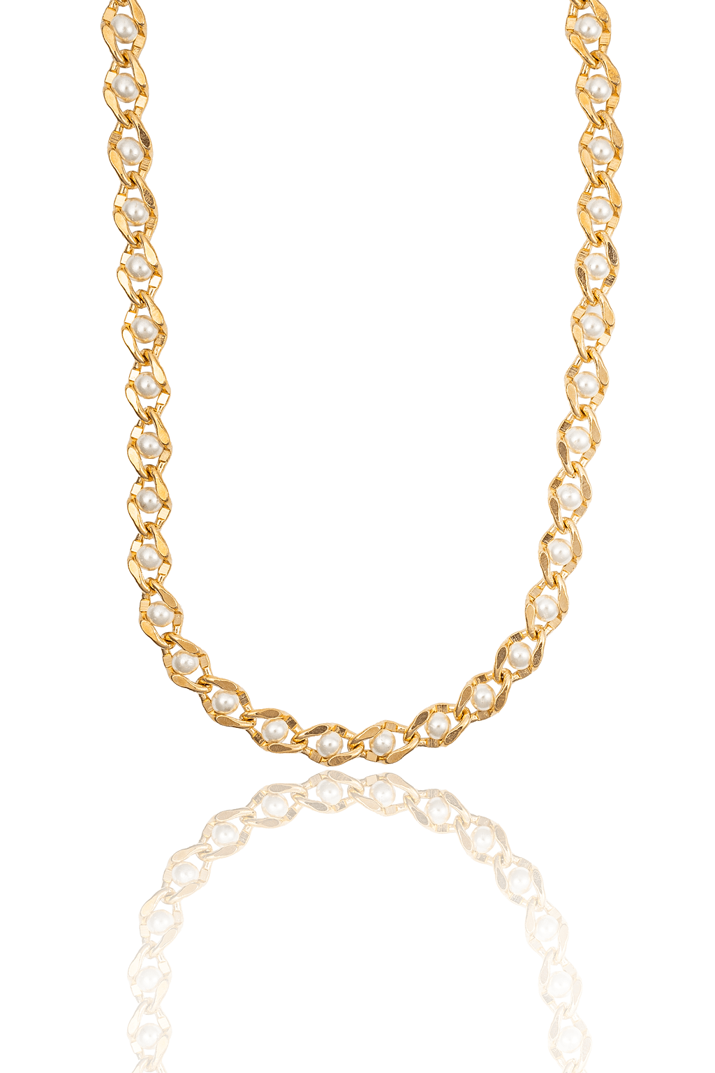 A gold chain necklace embellished with pearls rests against a white background with its reflection below.