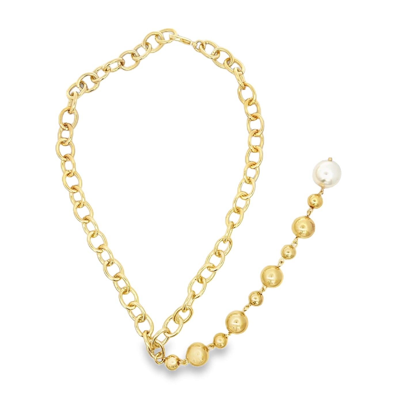 A gold chain necklace features a dangling pendant adorned with graduated gold spheres and a single white pearl.