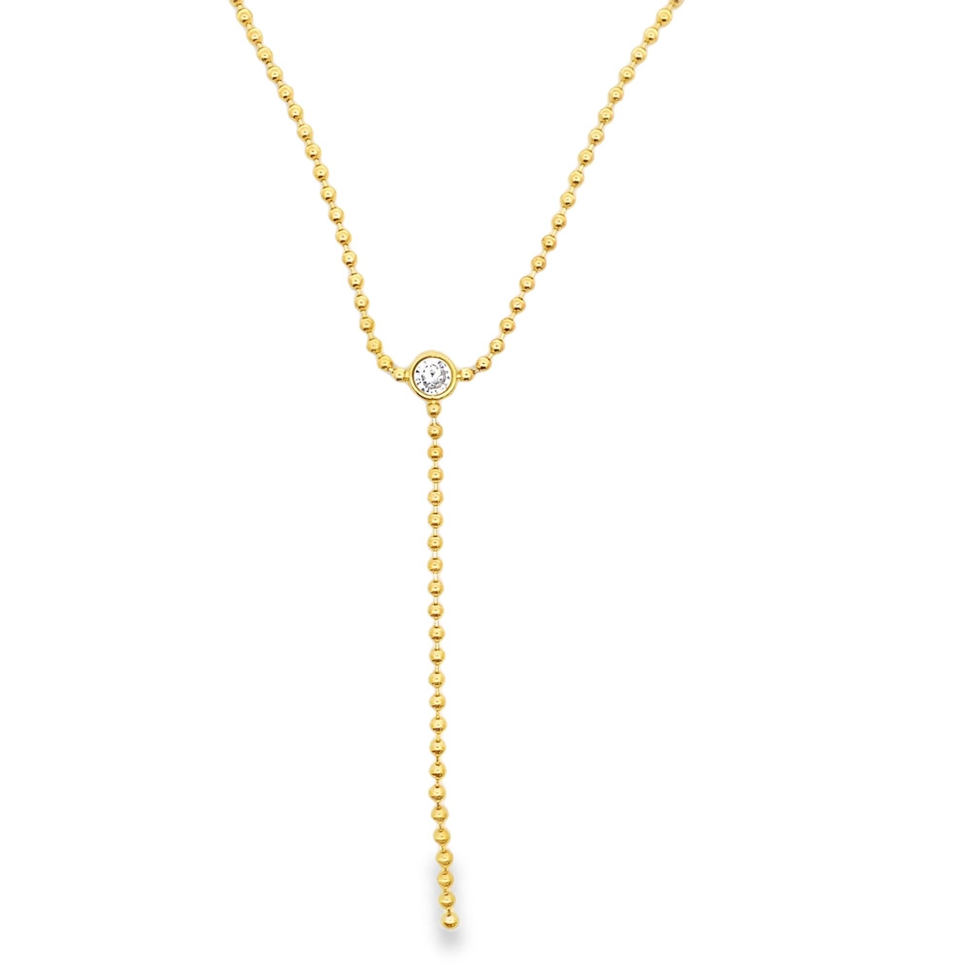 Elegant beaded lariat necklace with bezel-set stone and drop chain. Minimalist Y necklace available in gold or silver. Perfect for everyday wear or layering.