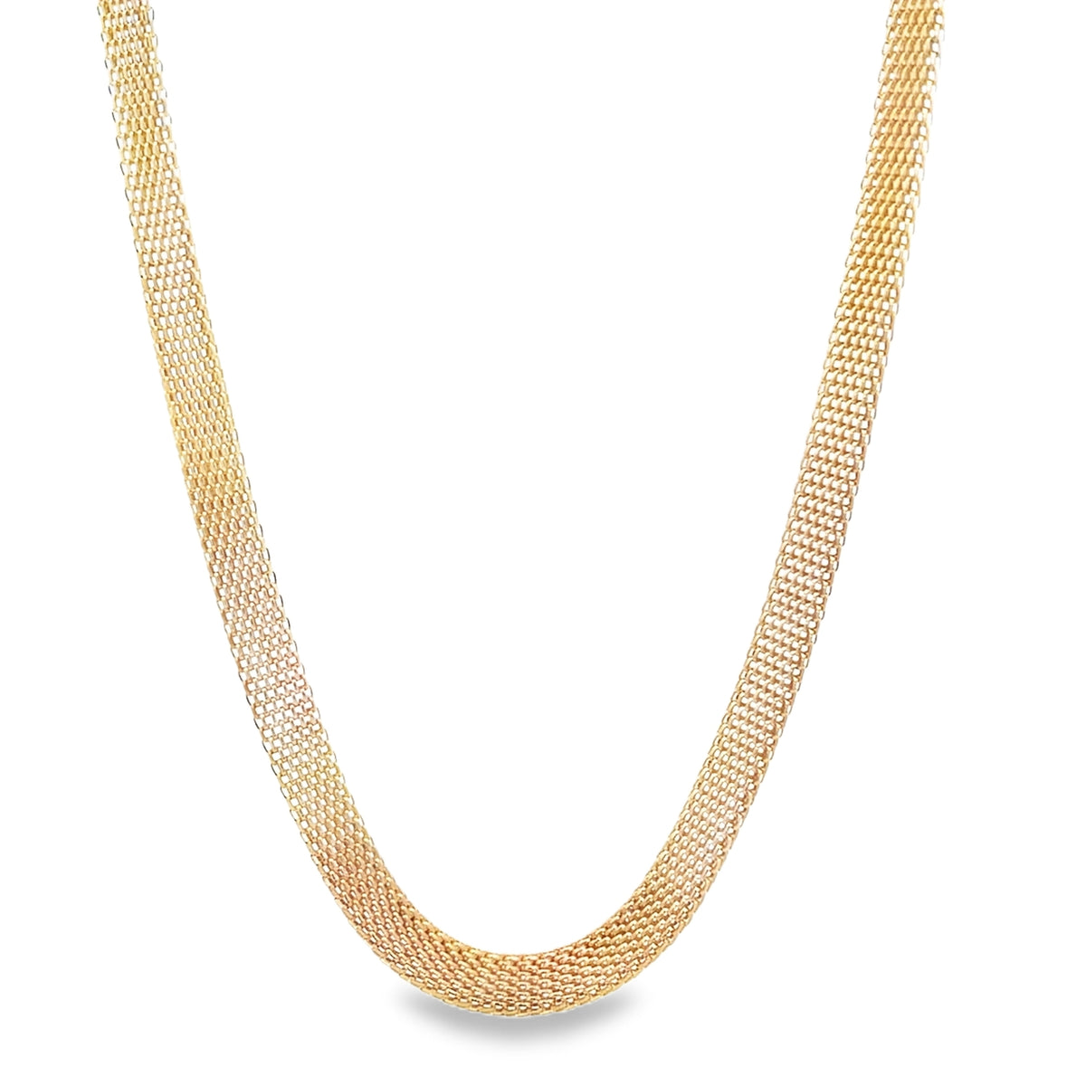 A wide, flat mesh gold necklace hangs against a plain white background.