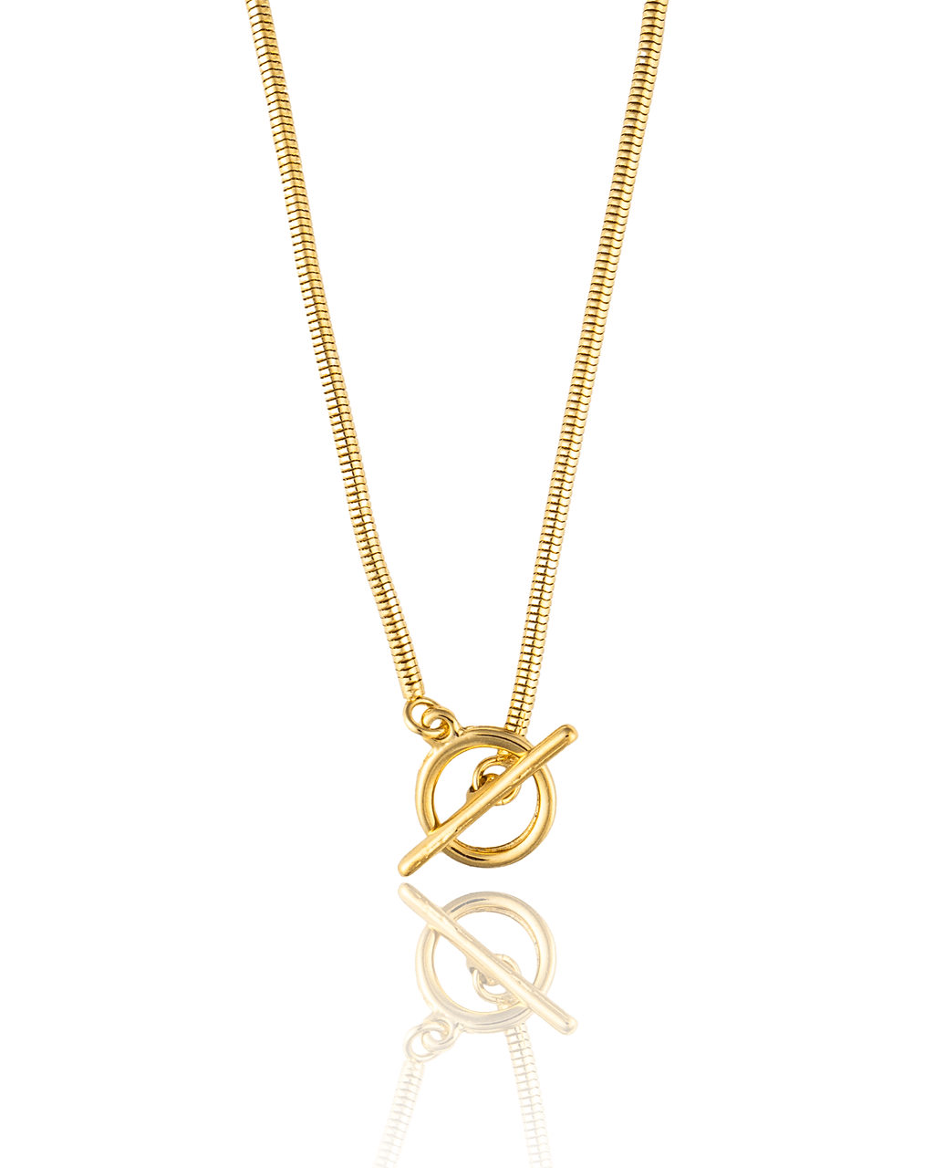 A gold snake chain necklace features a stylish toggle clasp centered against a clean white background.