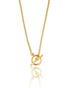 A gold snake chain necklace features a stylish toggle clasp centered against a clean white background.
