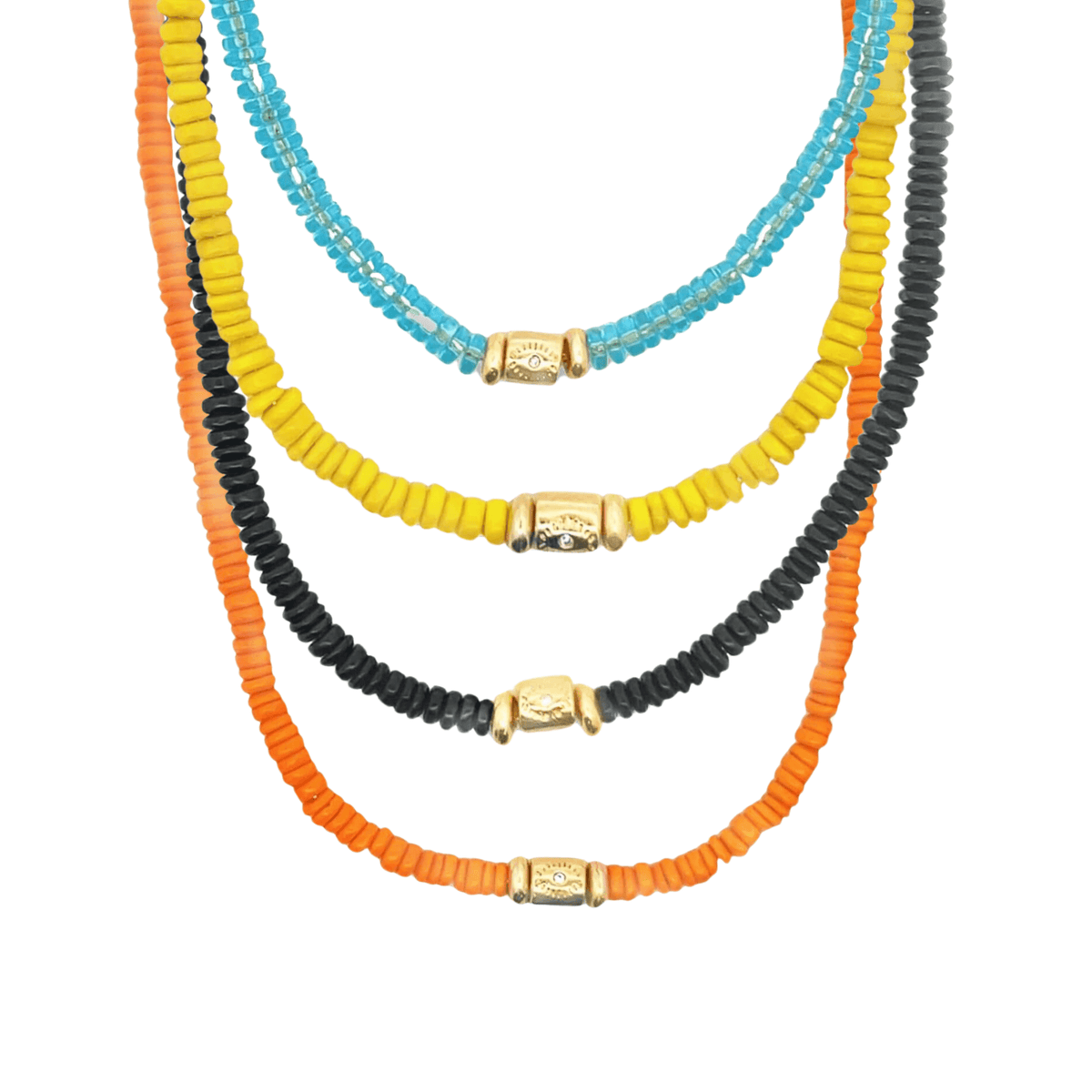 Four colorful beaded necklaces in blue, yellow, black, and orange feature central gold charms against a white background.
