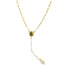 A delicate gold rosary necklace features glossy pearl beads, a circular centerpiece depicting the Virgin Mary, and a small crucifix pendant dangling on a white background.