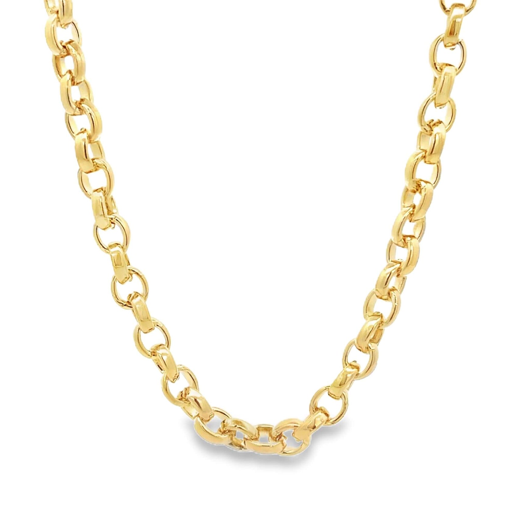 A thick, polished gold rolo chain necklace drapes in a gentle curve against a plain white background.