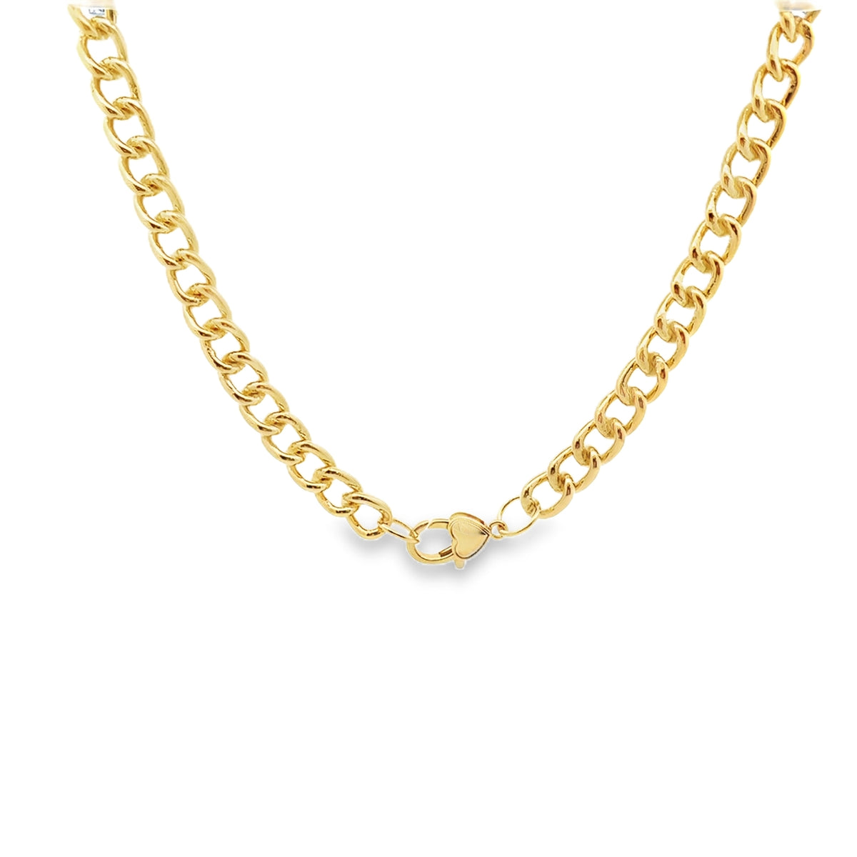 A thick gold curb chain necklace with a heart-shaped clasp displays its polished links against a white background.
