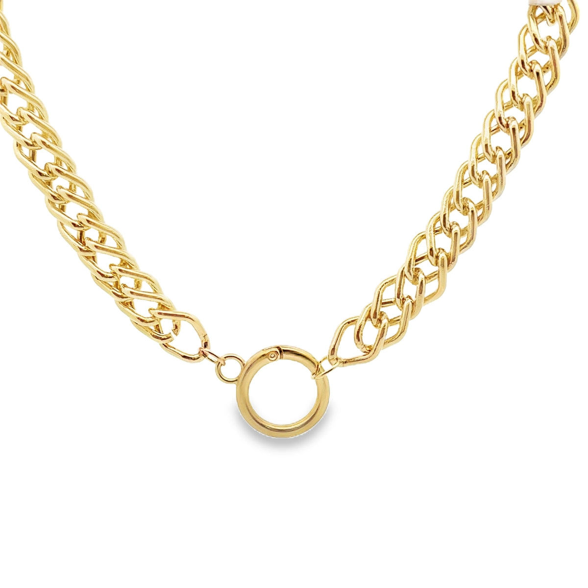 A thick gold chain necklace features an interlocking link design secured with a prominent round spring ring clasp.