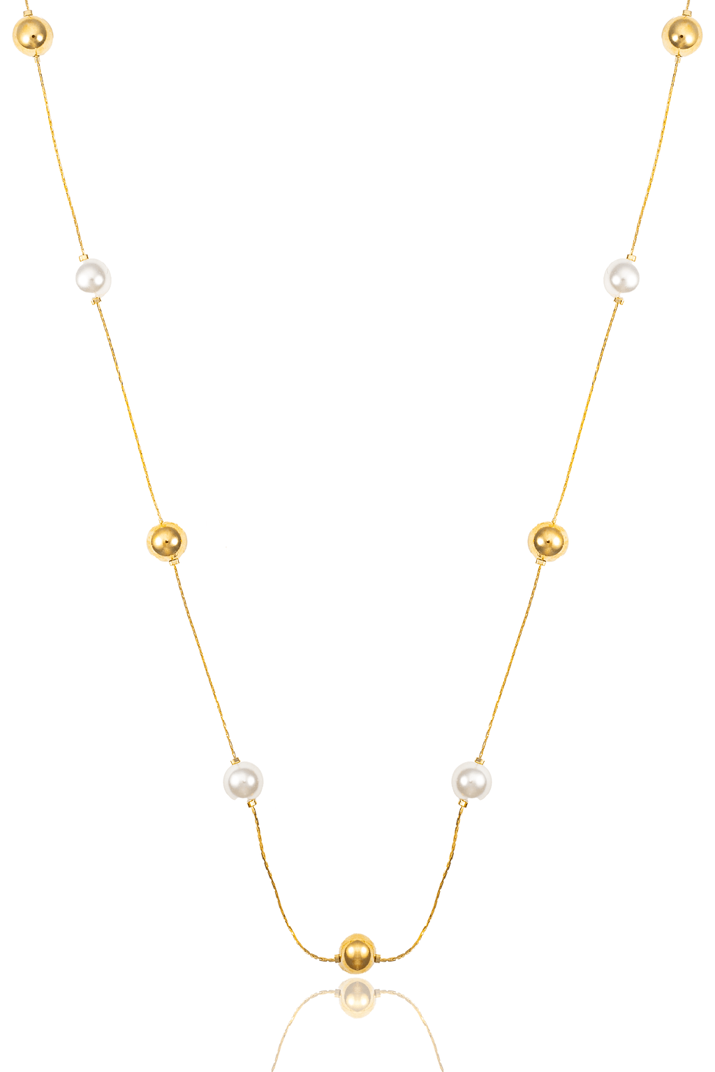 A delicate gold chain necklace drapes with alternating gold beads and white pearls against a clean white background.